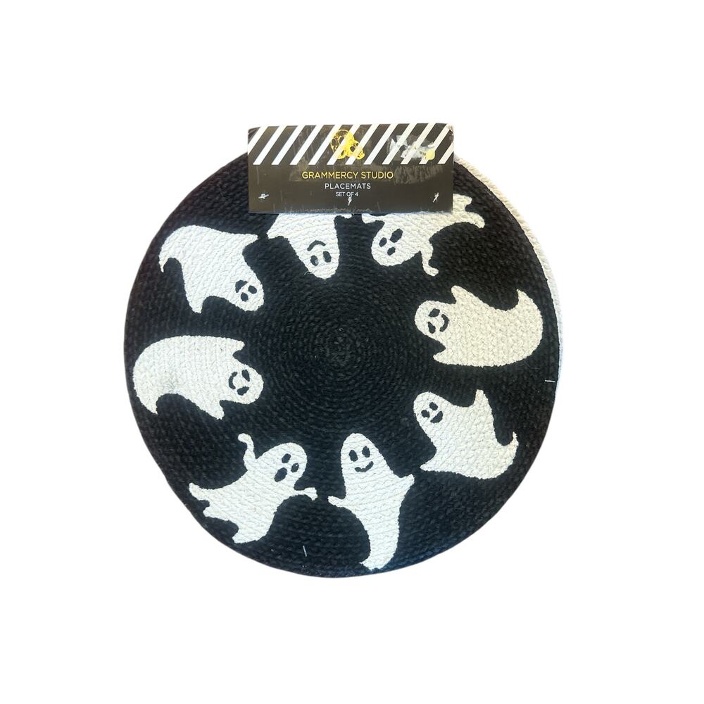 NEW Grammercy Studio Set of 4 Placemats Black White Ghosts Halloween Circle 15"